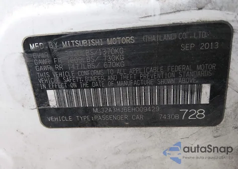 2014 Mitsubishi Mirage De z USA, uszkodzony, nr VIN ML32A3HJ6EH009429